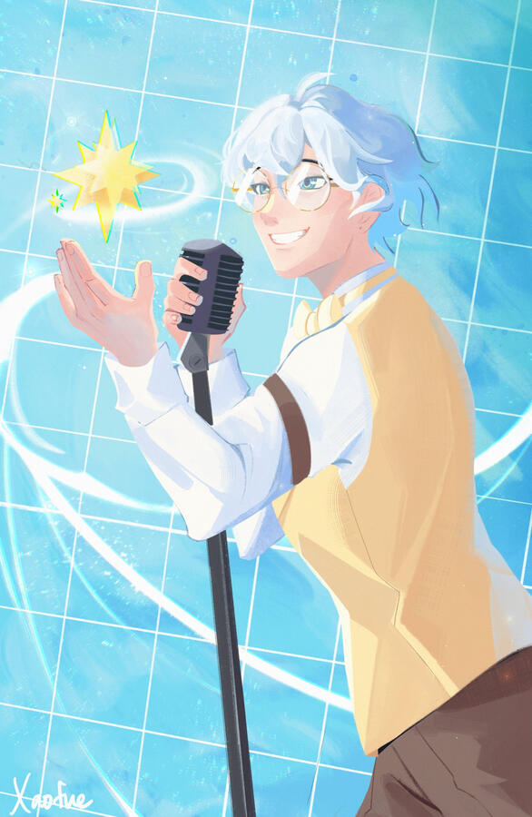 Kaelix Debonair in his outfit worn in the music video for "Home," his first original song. He holds a vintage microphone in his right hand while reaching out for an eight-pointed star with his left.