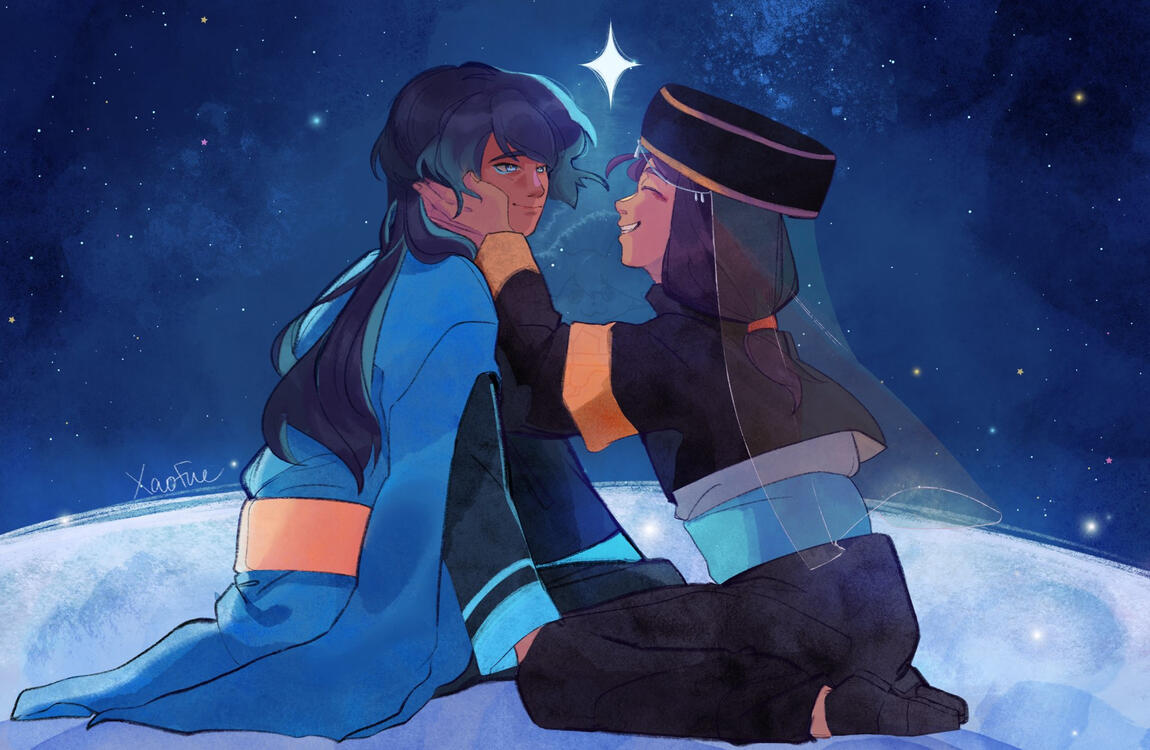 Cheng and Mao sit together in the scenery of the night sky. Mao holds Cheng's face as he stares at them lovingly.