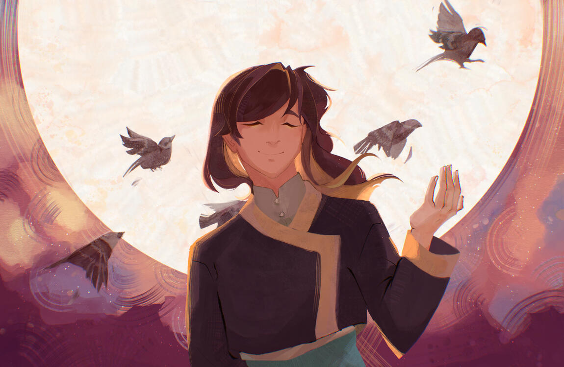 A partner piece to The Secrets Within. Mao of the Guiding Light series stands bathed in warm sunlight, sparrows flying gracefully behind their illuminated figure.